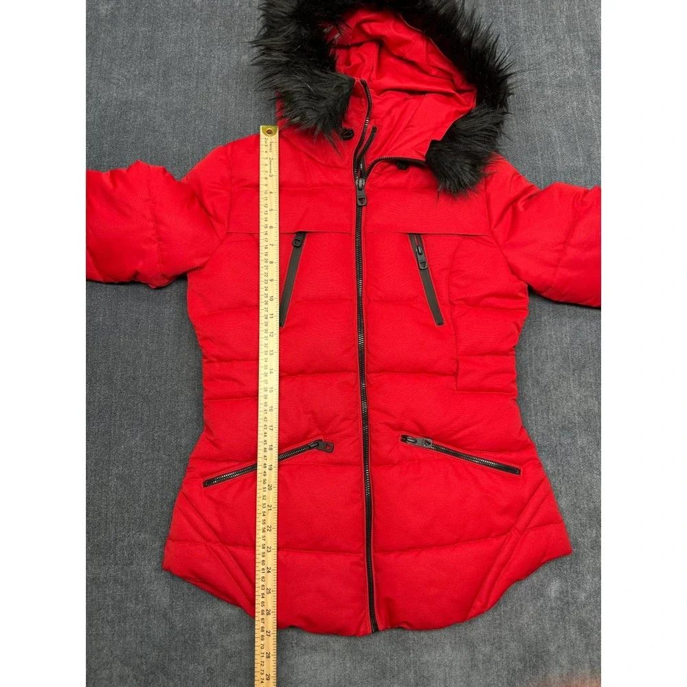 Guess Womens Red Quilted Puffer Jacket Faux Fur Hood Small 22LMP804